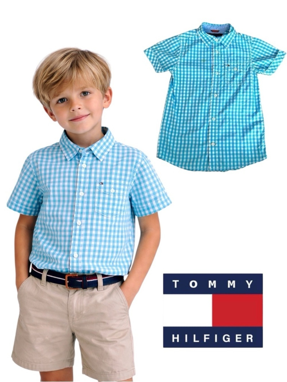 TOMMY HILFIGER Boys Blue Gingham Short Sleeve Shirt Size 6